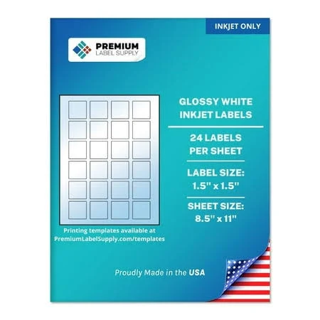 Premium Label Supply Glossy White Square Sticker Labels 1.5 inch x 1.5 inch (24 Labels/Sheet) (Glossy White for Inkjet Only, 240 Labels)