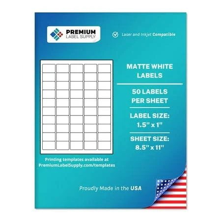 Premium Label Supply White Sticker Barcode Labels 1.5 x 1 inch Laser/Inkjet Compatible (50 Labels/Sheet), 25 Sheets 1250 Total Adhesive Labels, Size: 
