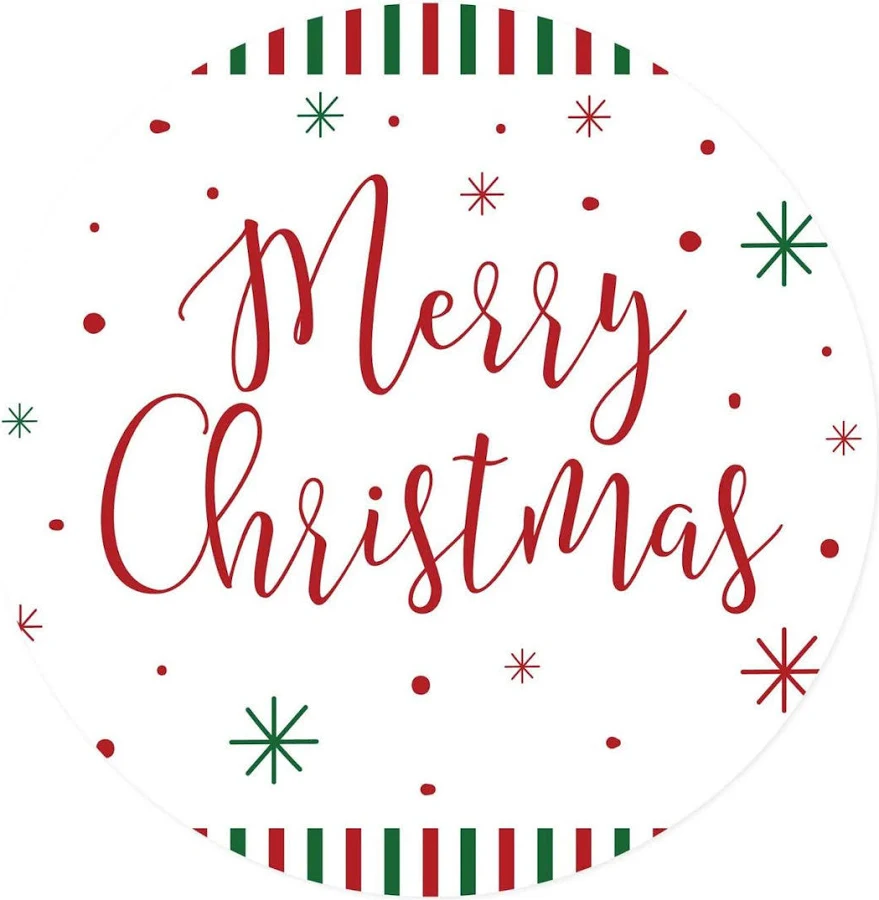 Christmas Round Circle Gift Sticker Labels, Red Green Stripes And Snowflakes, Merry Christmas, 40-Pack Charlton Home
