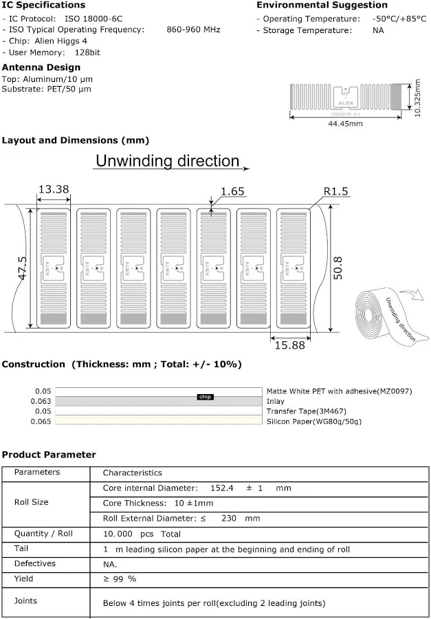 Uhf Alien H4 1.87'' X .5'' Rfid Adhesive Tag Rfid Label Sticker