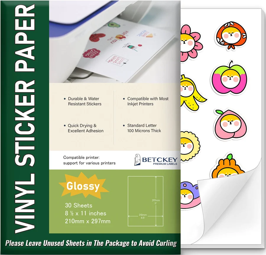 Betckey 8.5" x 11" Glossy Printable Vinyl Sticker Paper for Inkjet or