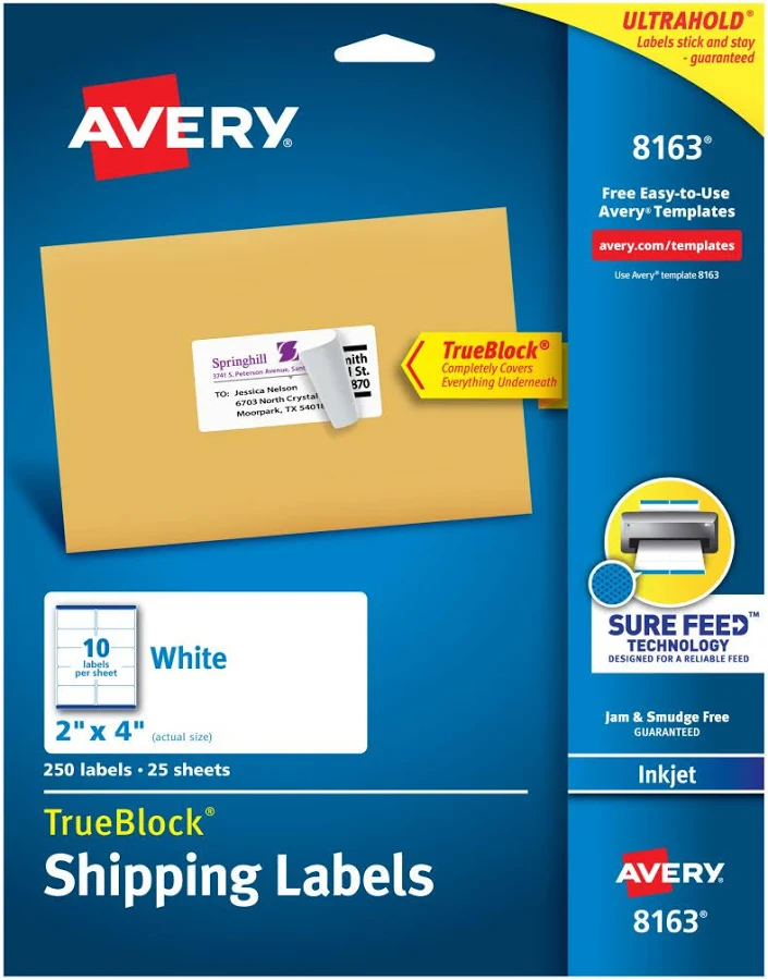 TrueBlock Shipping Labels, Sure Feed? Technology, Permanent Adhesive, 2"x 4", 250 Labels - Avery?