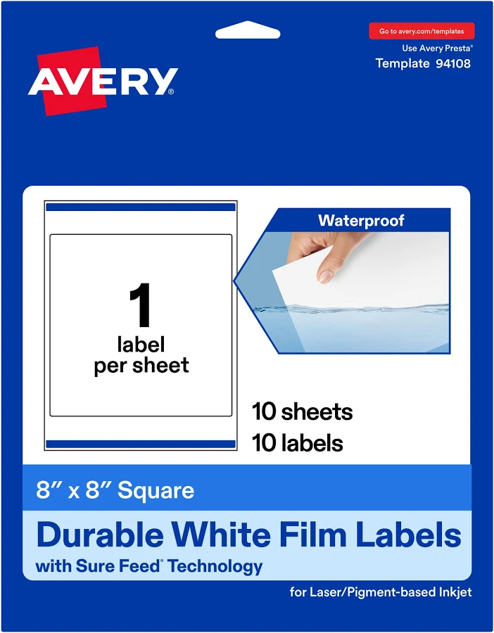 Avery Waterproof Square Labels with Sure Feed