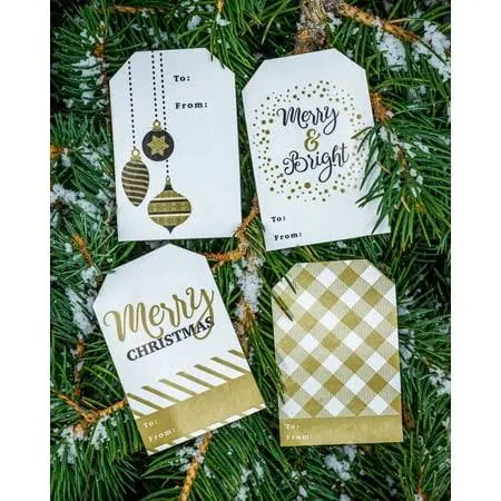 Christmas Gift Tags Holiday Present Stickers Merry & Bright 4 Different Designs 2 x 3 Inch 100 Total Labels