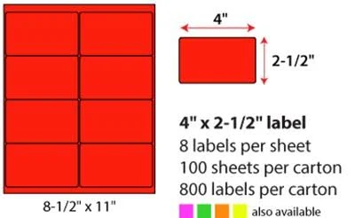 4 X 2 1/2 Inch Laser and Inkjet Neon Red 100 Sheets