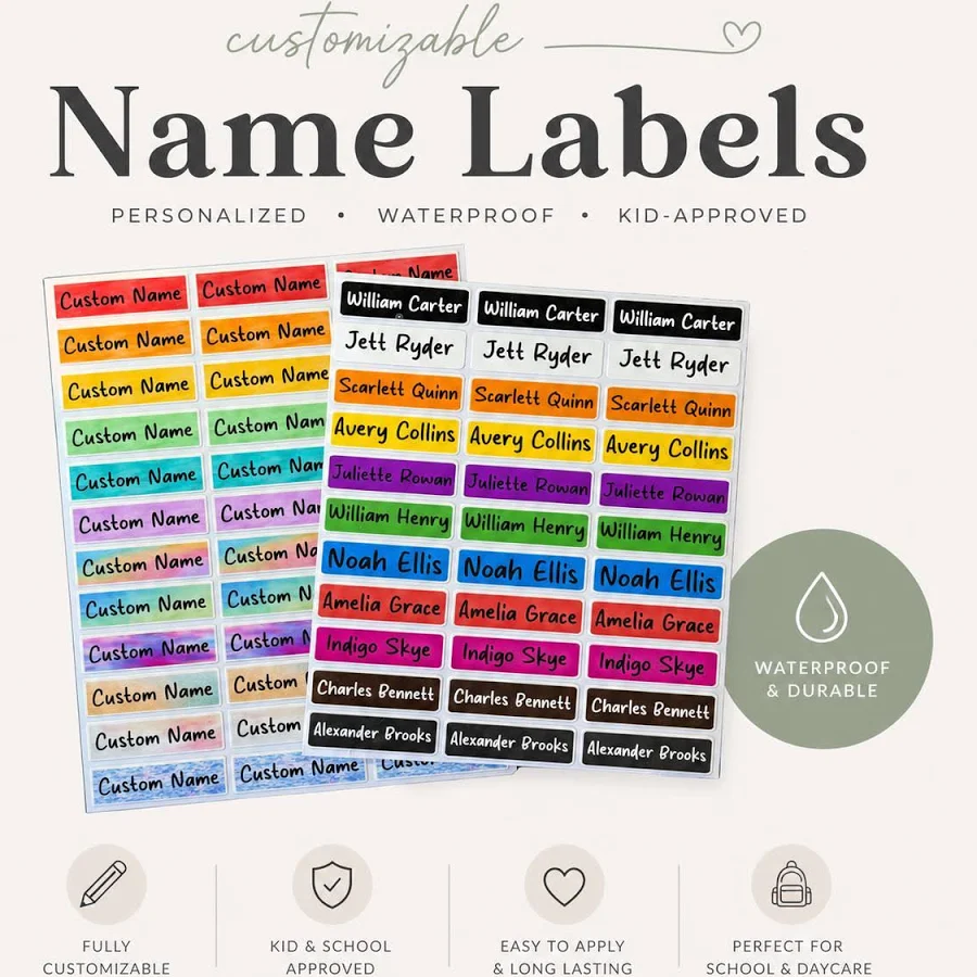 Personalized Waterproof Name Labels | Custom Kids School Stickers (Multiple Packs Available)
