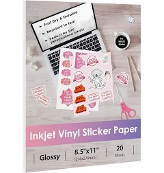 Printable Vinyl Sticker for Inkjet Printers - 20 Sheets Glossy White Water-Resistant Adhesive Label - 8.5x11 Inch, -Resistant, Removable