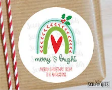 Christmas Rainbow Gift Stickers, Merry & Bright with Heart & Holly, Personalized Christmas Gift Labels 3.3" Stickers (6 per sheet)
