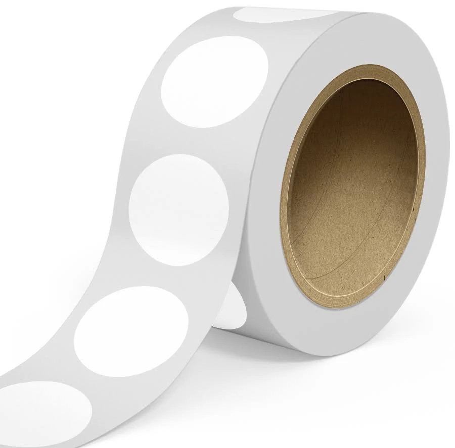 3 Inch Roll of Circular Round Labels - Tear Resistant with High Gloss Film Layer - White - 125 Pack
