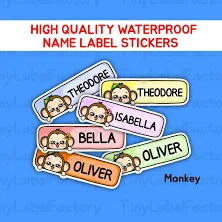 Cute Waterproof Name Labels Personalized Name tags Dishwasher safe Daycare School name stickers with Cute Characters for kids Monkey-Small