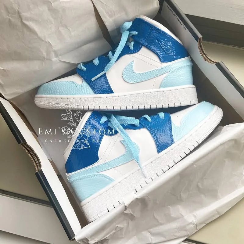 Custom Nike Air Jordan 1 Mid Sneakers - Ocean Blue and Light Pastel Blue