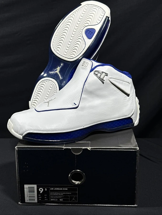 2003 Air Jordan 18 White Metallic Silver Royal 305869-101 Men's Size