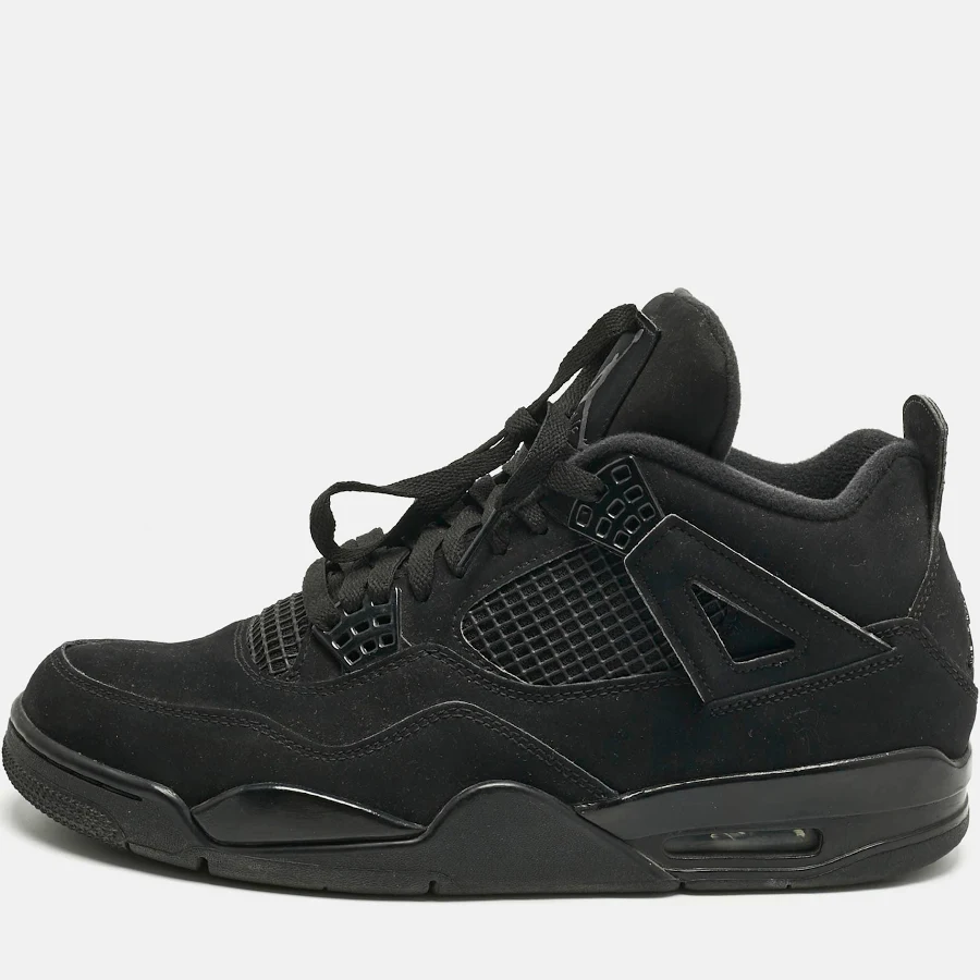 Air Jordans Black Nubuck Leather Jordan 4 Retro Black Cat Sneakers
