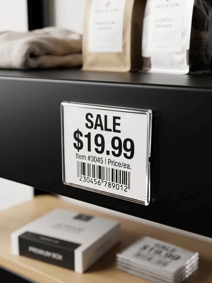 Clear Acrylic Shelf Label Holder - 2" x 1.5" Price Tag Display - Adhesive Mount for Retail Shelves