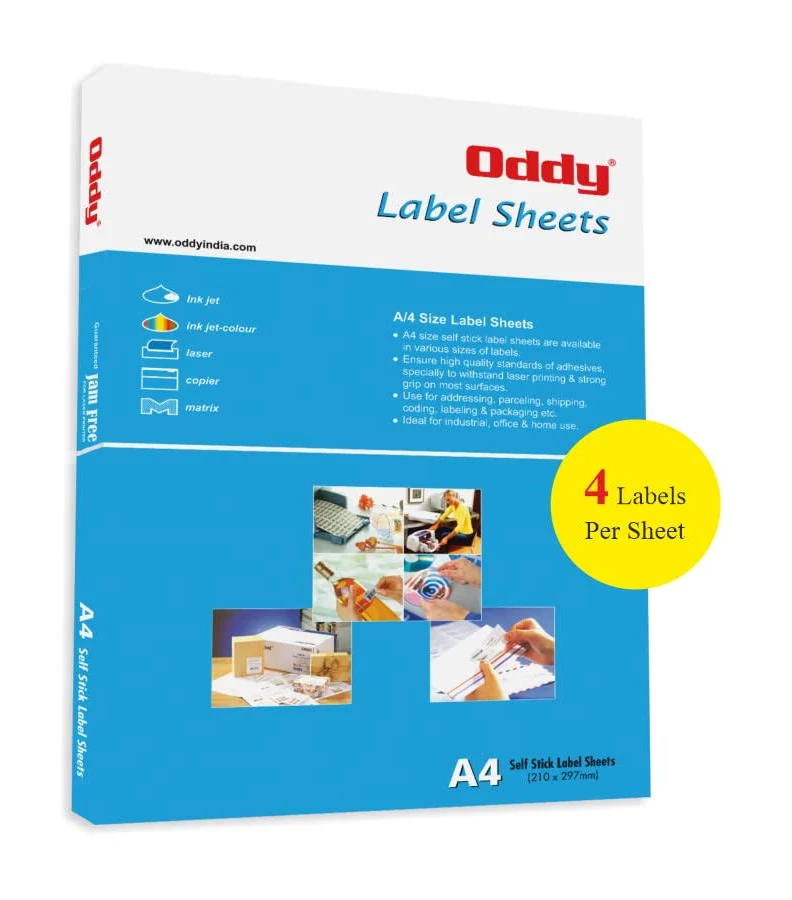 Oddy A4 Self Adhesive Paper Label Stickers for Laser & Inkjet Printers - 4 Labels per Sheet - Pack of 100 Sheets, for Shipping, Address, Folders, 