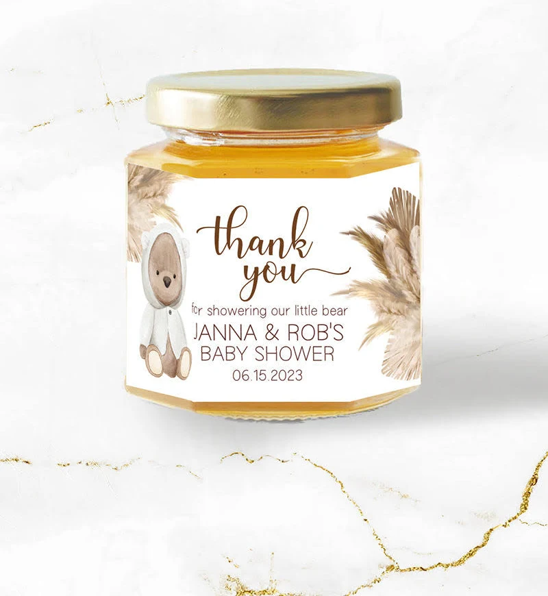 Boho Hooded Bear Baby Shower Mini Honey Jar Stickers