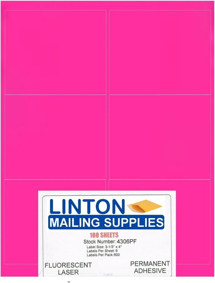 Blank Laser Labels, Fluorescent Pink, 3-1/3 inch x 4 inch, 6 Labels Per Sheet, Peel and Stick