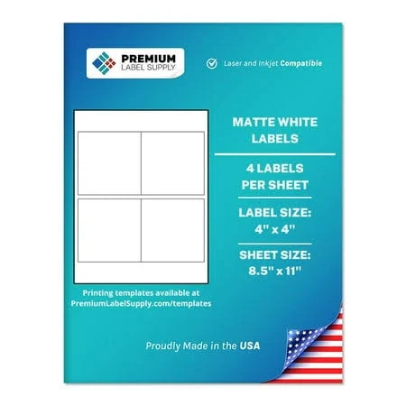Premium Label Supply White Sticker Square Labels 4 x 4 Laser/Inkjet Compatible (4 Labels/Sheet), 25 Sheets - 100 Total Adhesive Labels, Size: 100 