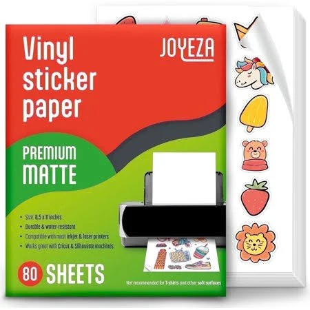 JOYEZA Premium Printable Vinyl Sticker Paper for Inkjet Printer 80 Sheets Matte