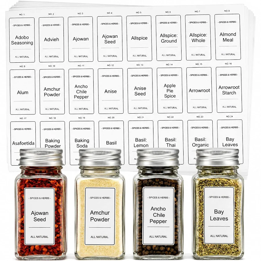 Spice Jar Labels Preprinted Minimalist Stickers White Waterproof Label Fit Round Or Rectangle Spice Jars