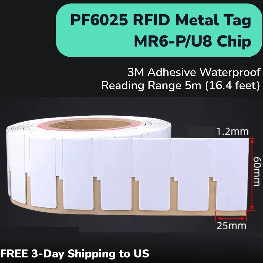 RFID Long Rnage UHF Anti Metal Tags Sticker PET Waterproof 3M Adhesive PF6025 for metal - 60*25*1.2mm / 30 pieces