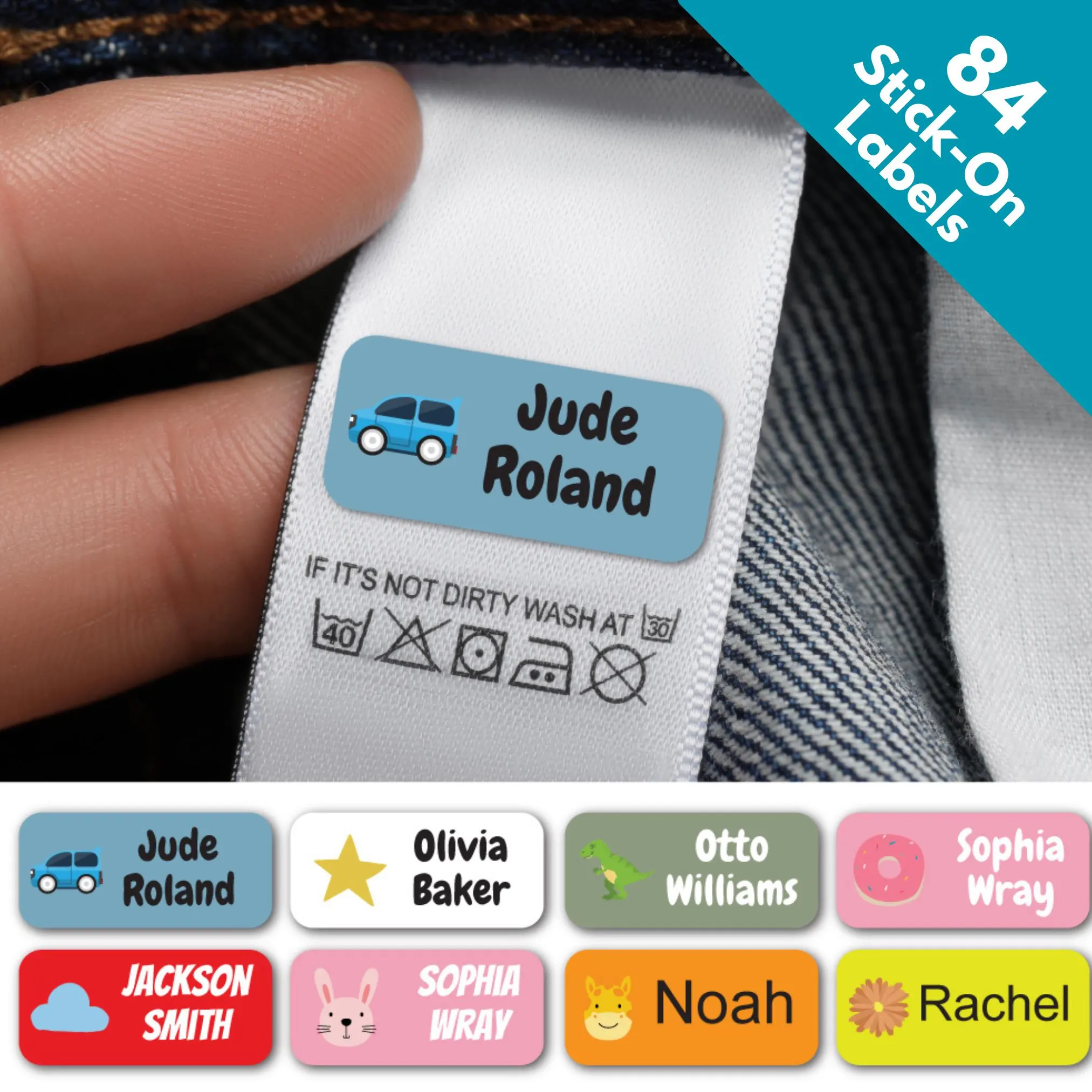 84 Personalized Stick On Clothes Name Labels for Children & Kids – Durable Tags for School Items and Uniforms Washable