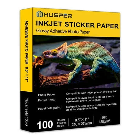 Husper Self-Adhesive Photo Paper 8.5 x 11 Inches Glossy Sticker Paper for Inkjet Printer 100 Sheets 135 gsm 36Ib Dye Ink Only