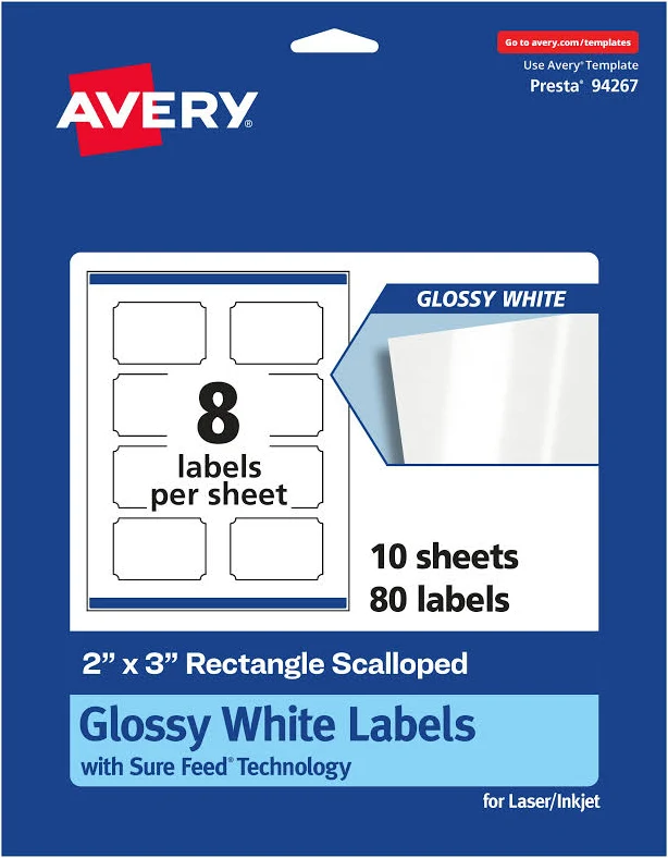 Avery Glossy White Rectangle Scalloped Labels