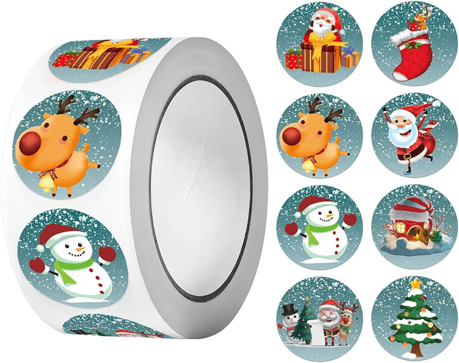 500 Sheets Christmas Stickers Roll, 2.75x1.18 inch Self Adhesive Seal Stickers, Xmas Hat Snowman Decals, Holiday Gift Wrapping Labels, Festive
