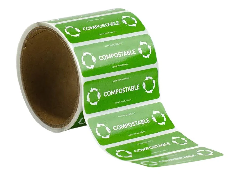 Stickers for Compostable Products | 3" x 1" | Compostable (Roll of 250 Stickers) | Elevate Packaging
