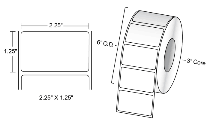 2.25" X 1.25" Rectangle - Gloss White Inkjet Paper Roll Labels - Permanent (Acrylic) Adhesive - 3" Core - 6" OD Roll - 1925 Labels/Roll