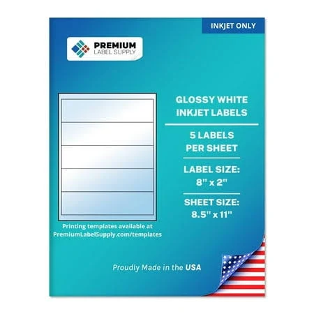 Premium Label Supply Glossy White Water Bottle Sticker Labels NOT Waterproof 8 inch x 2 inch (5 Labels/Sheet) (Glossy White for Inkjet Only, 50 Labels