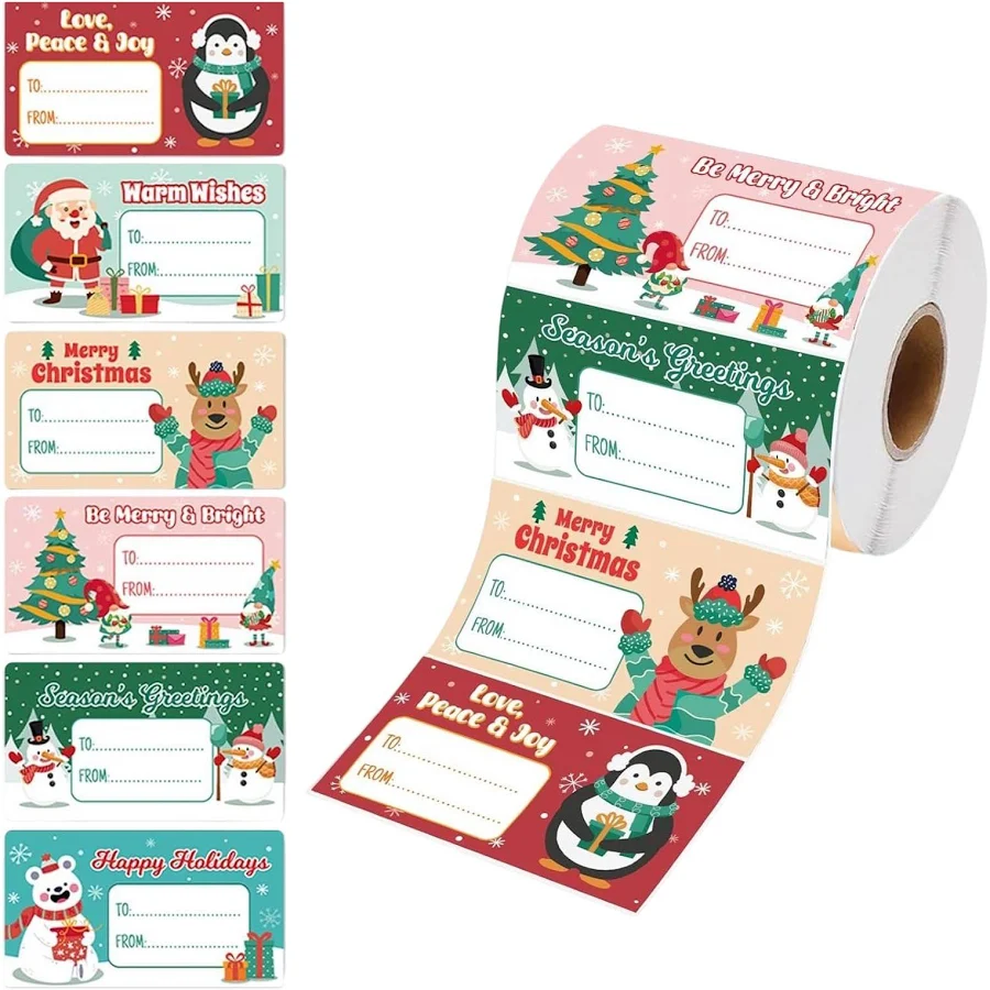 Christmas Self-Adhesive Writeable Labels 180 Stickers/Roll PVC Waterproof Tear Resistant Strong Adhesive for Gift Packaging Seal Mark