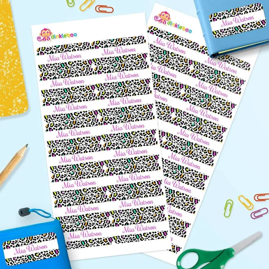 Personalized Leopard Print Rectangle School Name Labels – Stick On Name Labels for Kids (Pack of 32) | Perfect for School, Daycare & Home