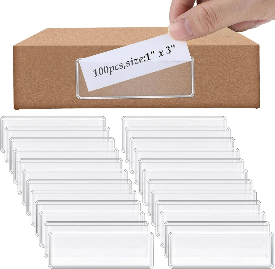 100 Pcs Label Holder Self Adhesive Clear Pocket 3x1 Inch Plastic Shelf