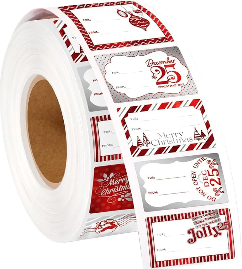 300 Pcs Christmas Gift Tags, 1 Roll Pack 1.77x1.18 Inch Self Adhesive Xmas Present Name Labels, Sticky Labels for Christmas Presents, Red & Silver,