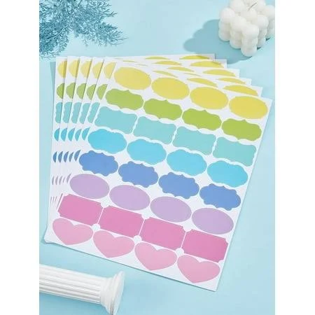 6 Sheets Rainbow Color PVC Blank Self-Adhesive Stickers Waterproof Writable Decals Rectangle & Oval & Heart Colorful 268x218x0.2mm