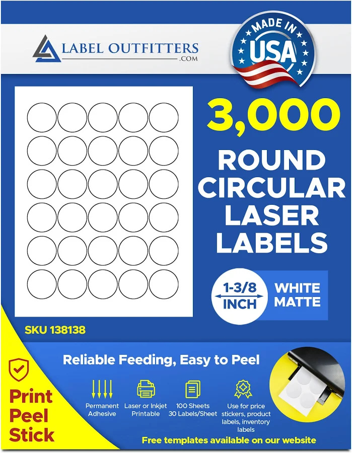 3,000 Round White Laser and Inkjet Labels - Stickers, 1-3/8 Diameter, Permanent Adhesive 100 Sheets