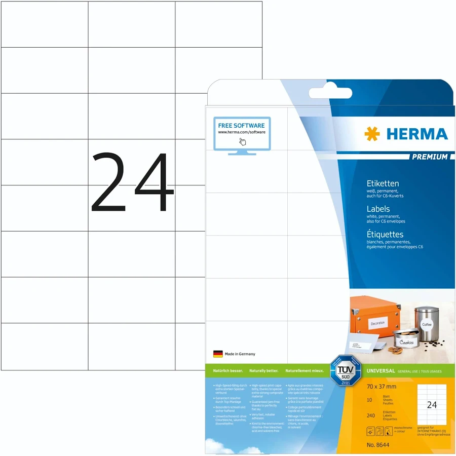 Herma Labels 70x37 White 10 Sheets DIN A4 240 Pieces