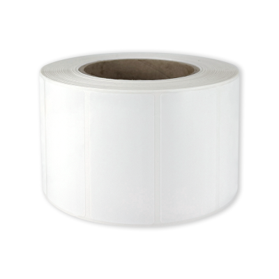 Polyethylene self-adhesive labels 75x38 mm durable white glossy plastic for thermal transfer, 1500 labels per roll