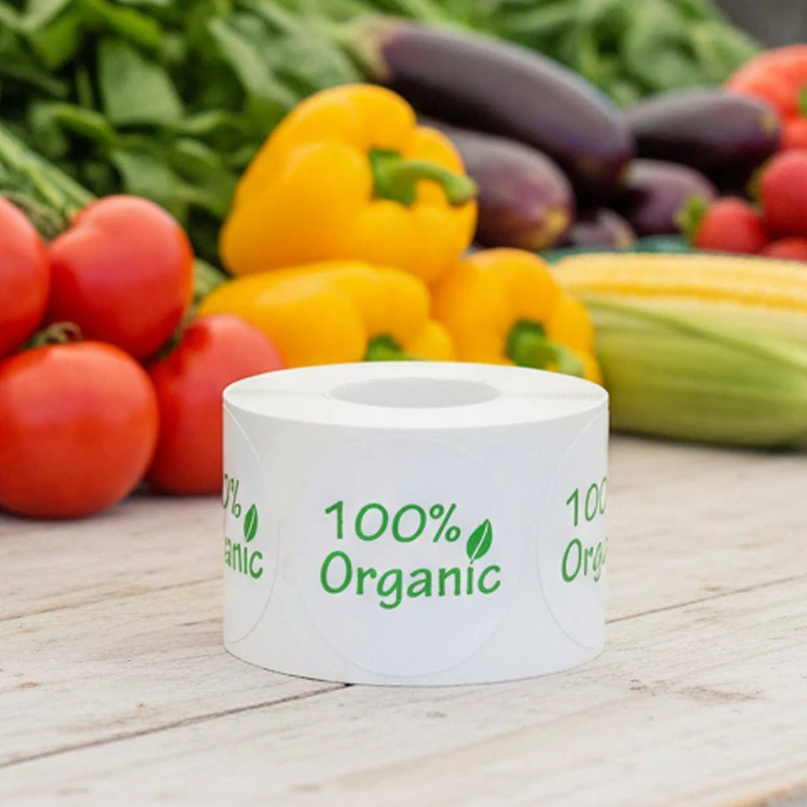 100% Organic White and Green Label Stickers - 500/roll