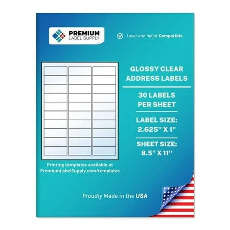 Premium Label Supply Glossy Clear Address Labels 2.625 x 1 inch Laser/Inkjet Compatible (30 Labels/Sheet), 10 Sheets - 300 Total Adhesive Labels, Size