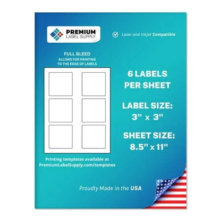 Premium Label Supply White Sticker Square Labels 3 x 3 inch Laser/Inkjet Compatible (6 Labels/Sheet), 25 Sheets 150 Total Adhesive Labels, Size: 150 