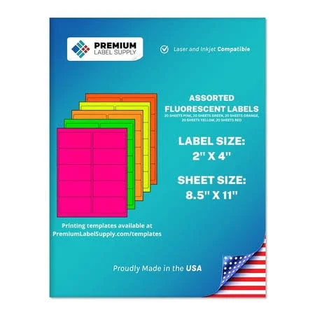 Premium Label Supply Bright Neon Color Fluorescent Stickers - 2 inch x 4 inch Labels - (Assorted Fluorescent, 1000 Labels), Multicolor
