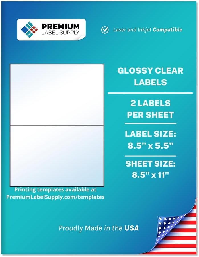 Premium Label Supply Large Glossy Clear Labels – 8.5" x 5.5" – Laser/Inkjet Compatible – (2 per Sheet), 25 Sheets – 50 Total Adhesive Labels