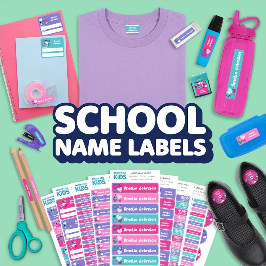 School Name Labels Combo Pack - Waterproof Name Stickers - Laundry Safe Name Labels - Made in America