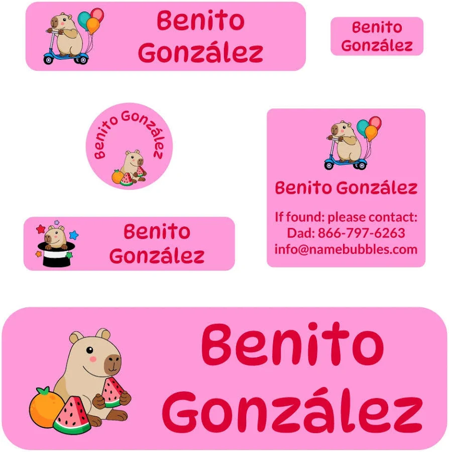 Personalized School Labels Pack - Capybara School Labels Pack - Capybara Pink by Name Bubbles
