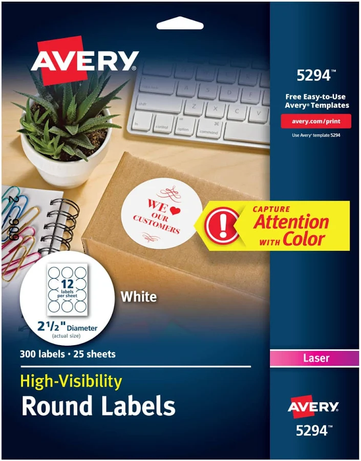 Avery High Visibility 2.5" Round Labels with Sure Feed for Laser Printers
