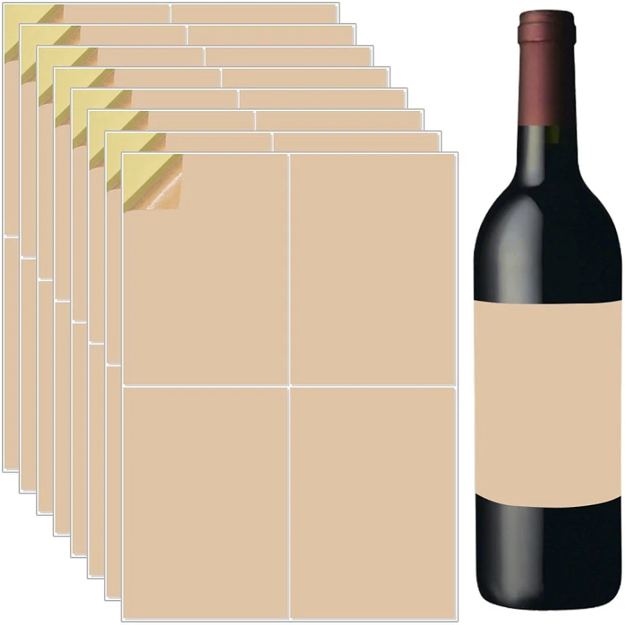 20 Sheets 80Pcs Wine Bottle Paper Labels Printable Light Brown 6 x 4 Inch Self Adhesive Kraft Blank Wine Label Sticker Covers for Wedding Anniversary
