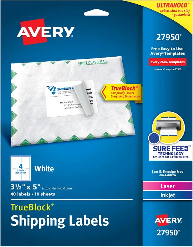 Avery Shipping Labels 3-1/2 inch x 5 inch White TrueBlock Laser/Inkjet 40 Labels